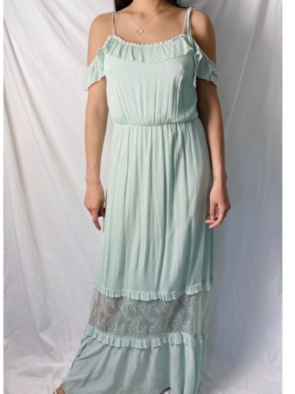 Women's Mint Green Maxi Dress with Ruffle Neckline